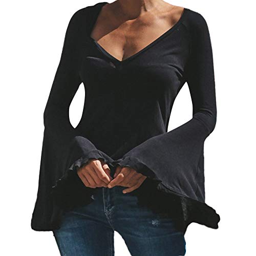 VJGOAL Mujer Otoño e Invierno Moda Casual Color sólido Sexy Escote en V Manga Larga Manga angosta Tops Camisa Blusa(Small,Negro)