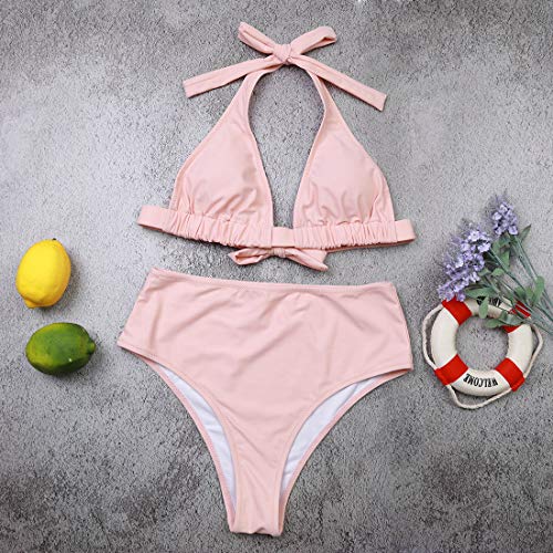 Voqeen Bikini de Cintura Alta para Mujer Conjunto de Cuello Halter Polka Dot Leaves Traje de baño con Estampado de Cuadros Traje de baño de Playa de Verano