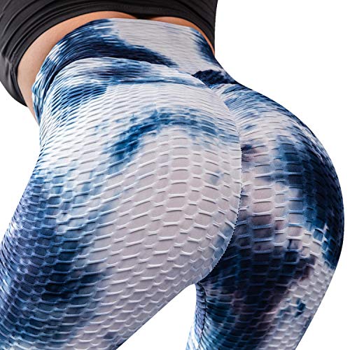 Voqeen Mujer Pantalones de Yoga con Efecto Tie Dye con Textura de Panal Leggings Fruncidos con Pliegues de Levantamiento de Glúteos de Cintura Alta Medias de Botín Leggings Deportivos de Gimnasio
