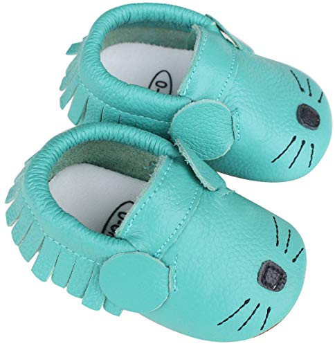 Vorgelen Zapatos de Cuero para Bebé Zapatillas de Piel para niños y niñas Primeros Pasos Zapatos Pantuflas Infantiles Patucos de Suela Suave - Azul Ratón 12-18 Meses