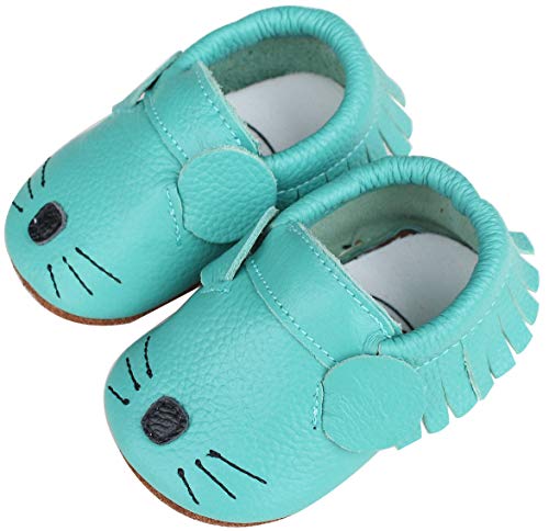 Vorgelen Zapatos de Cuero para Bebé Zapatillas de Piel para niños y niñas Primeros Pasos Zapatos Pantuflas Infantiles Patucos de Suela Suave - Azul Ratón 12-18 Meses