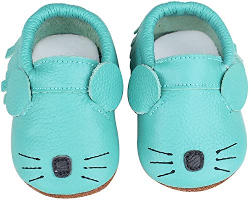 Vorgelen Zapatos de Cuero para Bebé Zapatillas de Piel para niños y niñas Primeros Pasos Zapatos Pantuflas Infantiles Patucos de Suela Suave - Azul Ratón 12-18 Meses