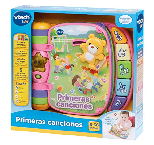 VTech- Primeras Rosa Libro Interactivo con Las Principales Canciones Populares para niños, Botones de Piano para Aprender Instrumentos, Sonidos y Notas Musicales (80-166757), Color