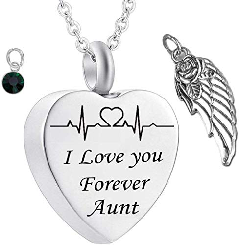VVHN Collar de Cenizas Siempre te amaré Piedra de Nacimiento Collar de Cenizas de Cristal Joyas de Cenizas de cremación Alas de ángel Colgante de corazón de Acero Inoxidable Aunt Memorial Souvenir