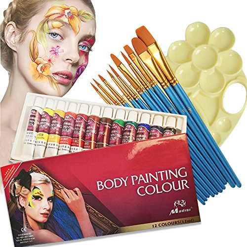 VVLife 12 Colores de la Pintura de la Cara de Tubos, no toxico & hipoalergenico Body Paint Maquillaje de Halloween, Vienen con Piezas de Nylon Cepillo de Pelo de Punta Redonda y Paleta