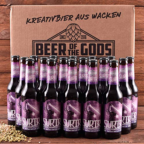 Wacken Brauerei Surtr - Pack de cervezas caseras - 18 botellas de 0,33 l de cerveza porter oscura/negra ahumada - La cerveza de los dioses - Ganadora del World Beer Award