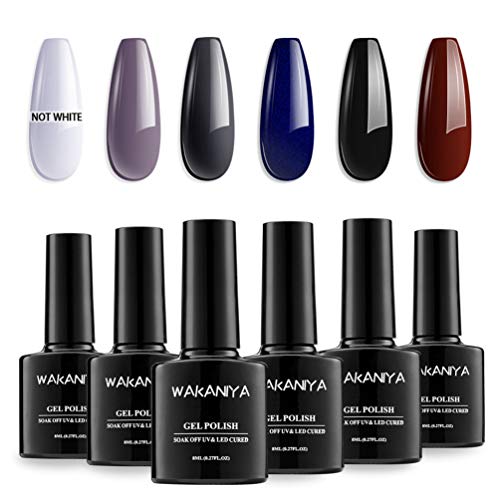WAKANIYA Gel Nail Polish Set Esmaltes Semipermanente para Uñas Serie Gris Azul Oscuro 6 Colores Brillante, Fácil de Aplicar, Sock Off Kit Manicura, 10ml/Botella, Requiere Lámpara LED/UV