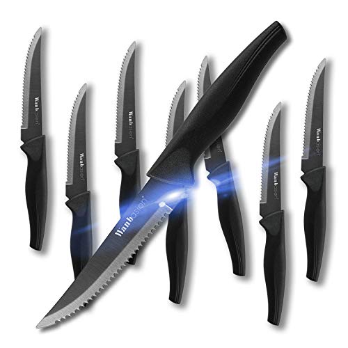 wanbasion 8 Piezas Negra Cuchillos De Carne Acero Inoxidable Cortar, Set De Cuchillos De Mesa Sierra, Juego De Cuchillos para Filetear Carne Arcos Cocina A Prueba De Herrumbre