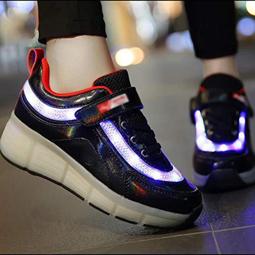 WANGT Automática de Skate Zapatillas,Zapatos de Roller,Ruedas Dobles Led Luces USB Cargable Ajustables Ruedas Luz Patines Deportes Deportes de Exterior Gimnasia Niños Niña,Negro,39