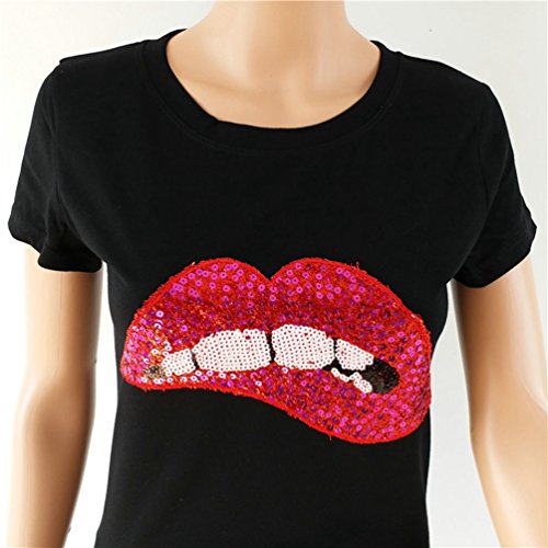 WanYang Rojo Labios Lentejuelas De Las Mujeres Impresión Manga Corta Camiseta Suelto Tops con Cuello Redondo