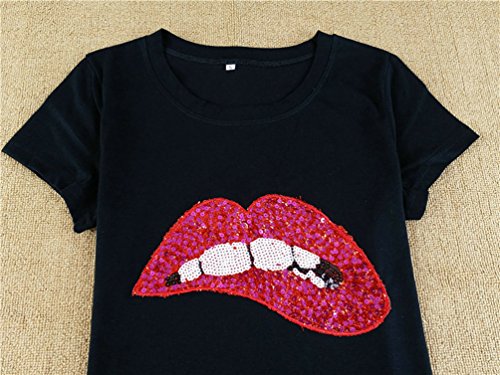 WanYang Rojo Labios Lentejuelas De Las Mujeres Impresión Manga Corta Camiseta Suelto Tops con Cuello Redondo
