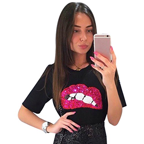 WanYang Rojo Labios Lentejuelas De Las Mujeres Impresión Manga Corta Camiseta Suelto Tops con Cuello Redondo