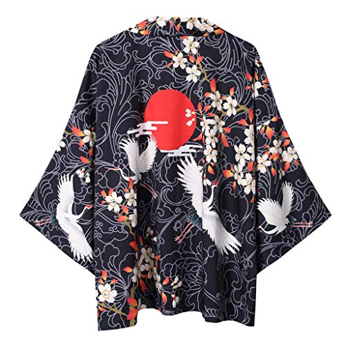 waotier Camisas Casual Otoño Japonés Bata de Kimono Ukiyo-e Floral Impreso Manga de Siete Cuartos Capa Mangas Capa Chaqueta Blusa Superior