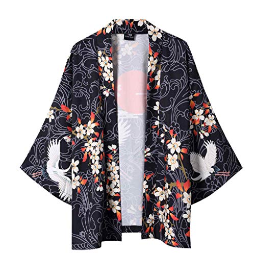 waotier Camisas Casual Otoño Japonés Bata de Kimono Ukiyo-e Floral Impreso Manga de Siete Cuartos Capa Mangas Capa Chaqueta Blusa Superior