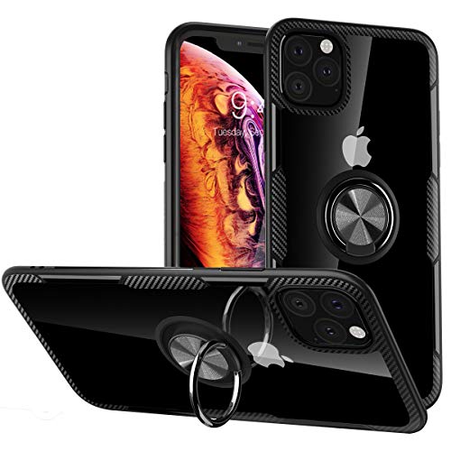 WATACHE Funda iPhone 11 Pro MAX, Funda Protectora Crystal Clear Carbon Fiber Design Armor con Soporte Agarre Anillo Dedo rotación 360 ​​Grados Kickstand para Apple iPhone 11 Pro MAX,Negro