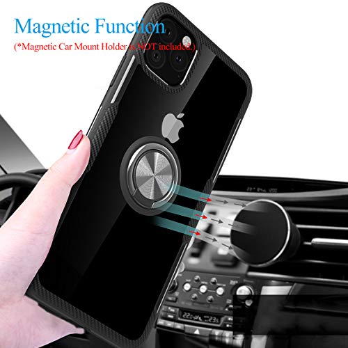 WATACHE Funda iPhone 11 Pro MAX, Funda Protectora Crystal Clear Carbon Fiber Design Armor con Soporte Agarre Anillo Dedo rotación 360 ​​Grados Kickstand para Apple iPhone 11 Pro MAX,Negro