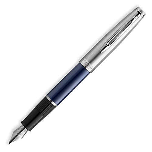 Waterman Emblème pluma estilográfica, color azul con adorno cromado, plumín medio con cartucho de tinta azul, estuche de regalo
