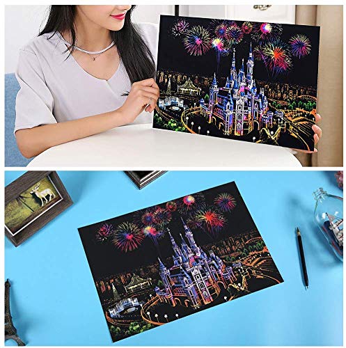 Wbeng Scratch Paper Rainbow Painting Sketch Pads DIY Art Craft Night View Scratchboard para Adultos y niños - 2 Paquetes, 16 x 11.2 Pulgadas (Parque de Atracciones / Castillo soñado)
