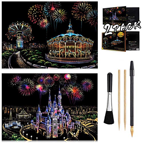 Wbeng Scratch Paper Rainbow Painting Sketch Pads DIY Art Craft Night View Scratchboard para Adultos y niños - 2 Paquetes, 16 x 11.2 Pulgadas (Parque de Atracciones / Castillo soñado)