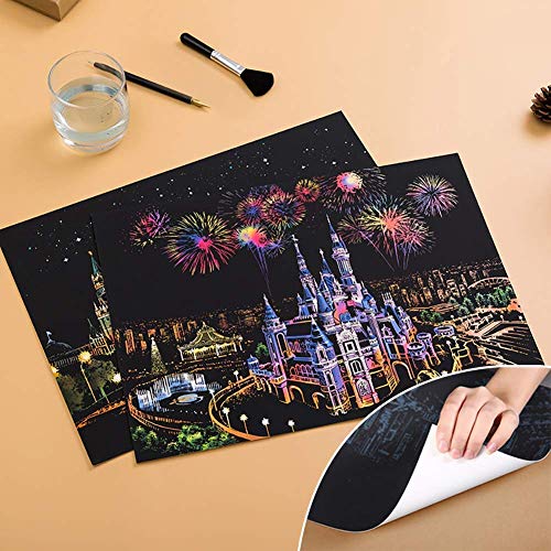Wbeng Scratch Paper Rainbow Painting Sketch Pads DIY Art Craft Night View Scratchboard para Adultos y niños - 2 Paquetes, 16 x 11.2 Pulgadas (Parque de Atracciones / Castillo soñado)