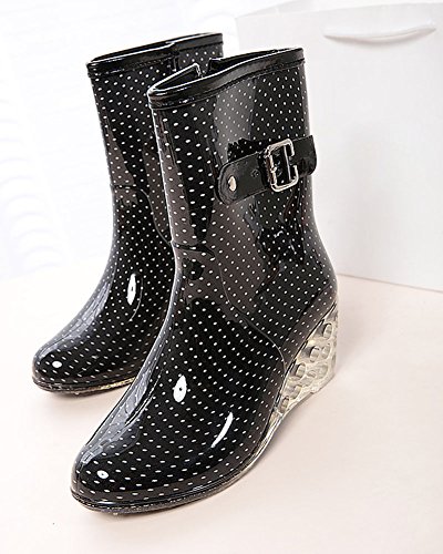 Wealsex Mujer Cuñas Cuatro Estaciones Moda Botas De Lluvia Transparente Zapatos De Agua Cremallera Lateral con Hebilla Antideslizantes Botas Impermeable (Negro y pequeño Punto,40)