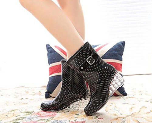 Wealsex Mujer Cuñas Cuatro Estaciones Moda Botas De Lluvia Transparente Zapatos De Agua Cremallera Lateral con Hebilla Antideslizantes Botas Impermeable (Negro y pequeño Punto,40)
