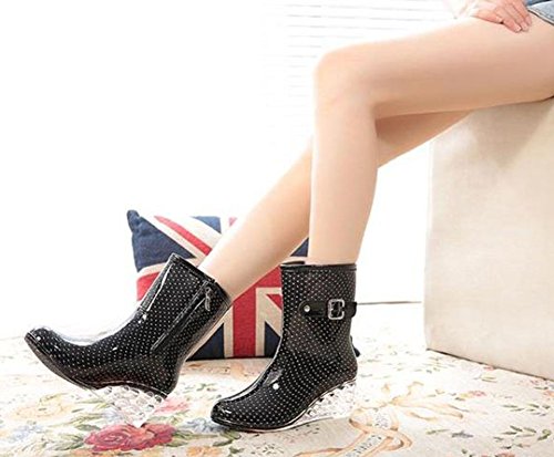 Wealsex Mujer Cuñas Cuatro Estaciones Moda Botas De Lluvia Transparente Zapatos De Agua Cremallera Lateral con Hebilla Antideslizantes Botas Impermeable (Negro y pequeño Punto,40)