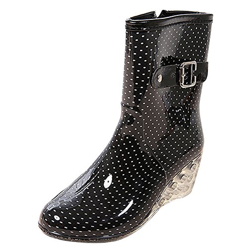 Wealsex Mujer Cuñas Cuatro Estaciones Moda Botas De Lluvia Transparente Zapatos De Agua Cremallera Lateral con Hebilla Antideslizantes Botas Impermeable (Negro y pequeño Punto,40)