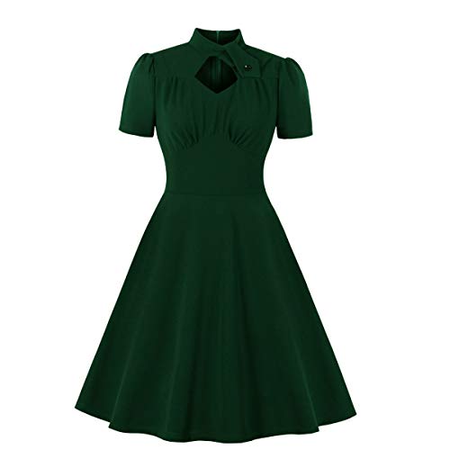 Wellwits Vestido vintage plisado frontal de los años 40 con cuello de diamante - Verde - 46 ES/48 ES más