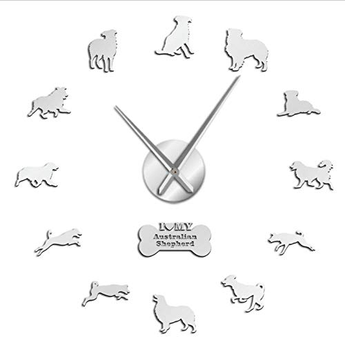 wffmx Aussie Australian Shepherd Dog Acrílico Espejo Pegatinas Decoración DIY Gran Reloj De Pared Perro Pastor Australiano Sin Marco Reloj De Pared Grande-27Inch