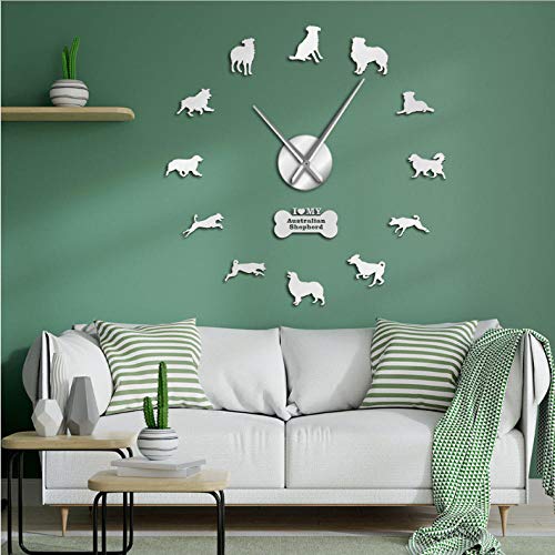 wffmx Aussie Australian Shepherd Dog Acrílico Espejo Pegatinas Decoración DIY Gran Reloj De Pared Perro Pastor Australiano Sin Marco Reloj De Pared Grande-27Inch