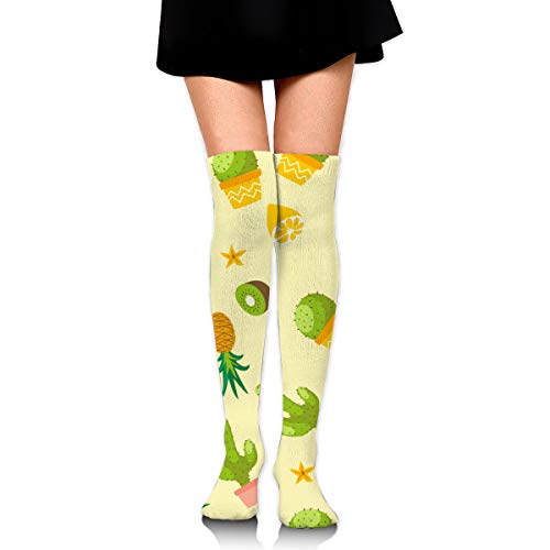 Wfispiy Sobre la rodilla Calcetín Botanicals Pattern Cactus Piña Kiwi Herbs Bac 60cm Calcetines largos unisex Calcetines altos hasta el muslo