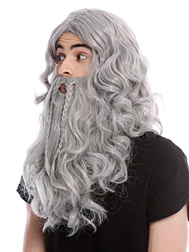 WIG ME UP- 90760-A+B-ZA68E Peluca y Barba Trenzado Largo Vikingo Viejo Salvaje Hombre del Norte bárbaro Enano Gris