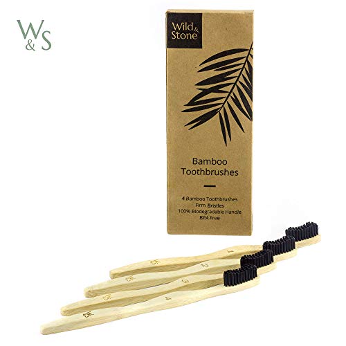 Wild & Stone | Cepillo de dientes de bambú orgánica | 4 individualmente numerada | Cerdas firmes de fibra de carbono | Mango 100% biodegradable | Cepillos de dientes veganos orgánicos