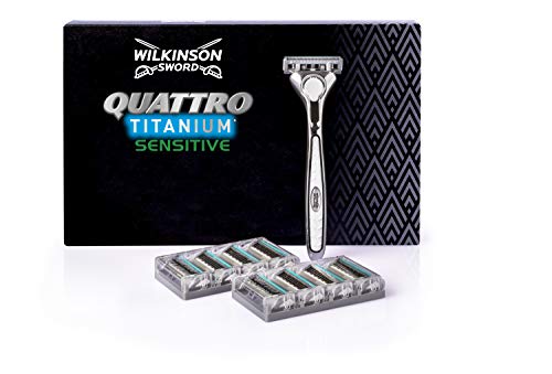 Wilkinson Sword Pack FFP ECO Box Quattro Titanium - Kit de Maquinilla de Afeitar de 4 Hojas de Titanio para Hombre + 9 Recambios de Cuchillas, Afeitado Manual Masculino