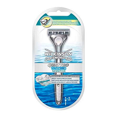 Wilkinson Sword Quattro Titanium Sensitive - Maquina de afeitar masculina con cuatro hojas de Titanio, Ideal para hombres con piel sensible