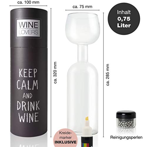 Wine Lovers Botella de Vino de Cristal con rotulador de Tiza - Botella de Vino de Cristal XXL con Lema - Botella de Vino Ideal como Idea de Regalo Divertida - Bolas de Limpieza Incluidas
