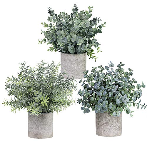 Winlyn - Juego de 3 mini plantas artificiales de eucalipto de plástico para decoración del hogar, oficina, escritorio, ducha, cuarto de baño