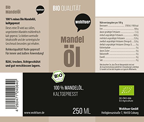 Wohltuer, Aceite de almendras orgánico - virgen prensado y 100% puro - naturaleza pura (250 ml)