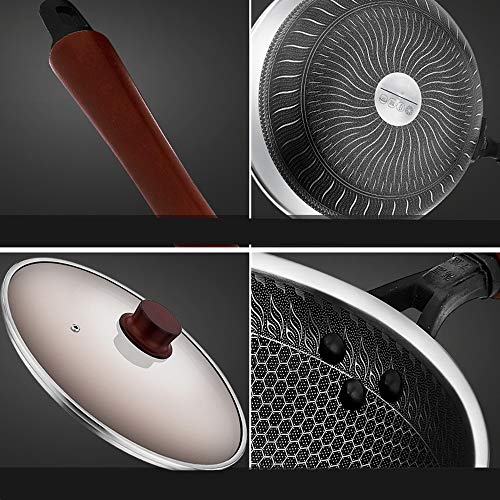 Woks Antiadherente Pan completo de nido de abeja sin revestir menos aceite fumar marihuana sartén Wok para la cocina (Color : Stainless steel, Size : 34x9cm)