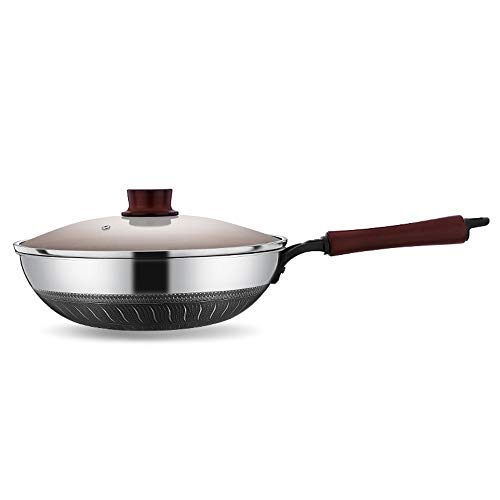 Woks Antiadherente Pan completo de nido de abeja sin revestir menos aceite fumar marihuana sartén Wok para la cocina (Color : Stainless steel, Size : 34x9cm)