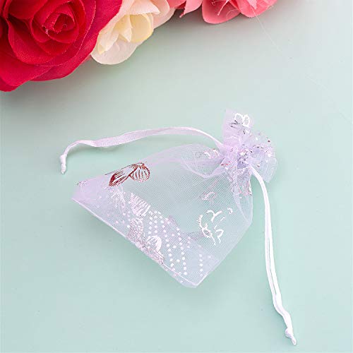 WolinTek 100pcs Bolsas de Organza de Regalo Bolsas Bolsitas 7x9 cm Organza Blancas Mariposas para Favores de Fiesta de Boda y Joyas