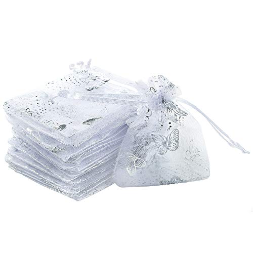 WolinTek 100pcs Bolsas de Organza de Regalo Bolsas Bolsitas 7x9 cm Organza Blancas Mariposas para Favores de Fiesta de Boda y Joyas