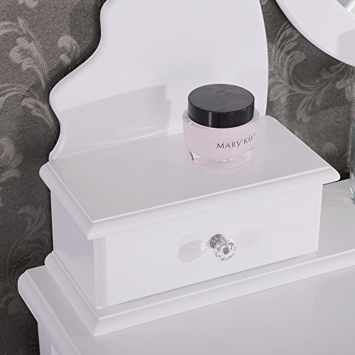 WOLTU Tocador con Espejo y Taburete 5 Cajones MDF y Madera de Pino Macizo Blanco 80 x 141,5 x 40 cm MB6022cm