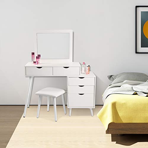 WOLTU Tocador Mesa Cosmética con Taburete Tocador de Maquillaje con Espejo, 5 Cajones y 1 Mesita de Noche 80x40x125cm Blanco MB6059ws