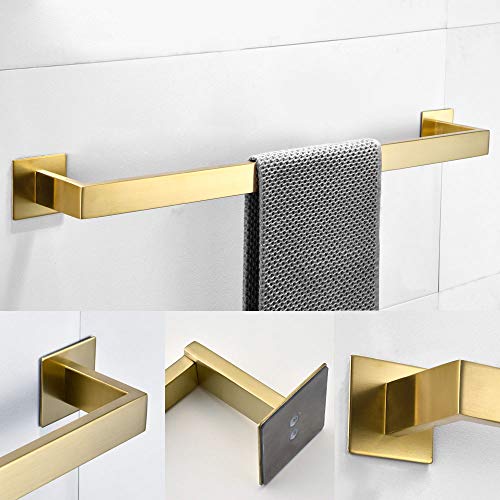 WOMAO - Juego de accesorios adhesivos para baño, 4 unidades, diseño cuadrado con acabado dorado cepillado