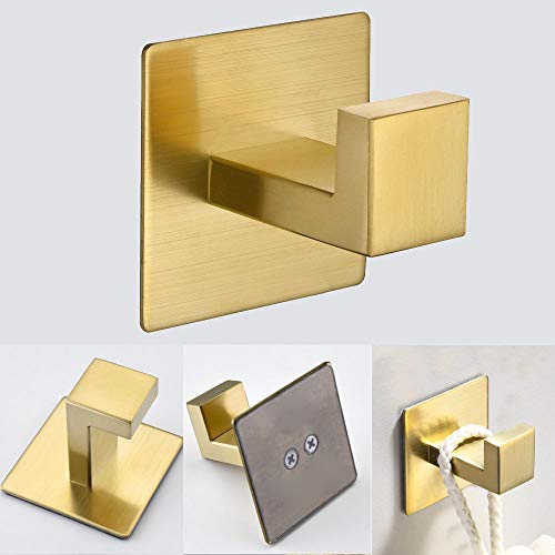WOMAO - Juego de accesorios adhesivos para baño, 4 unidades, diseño cuadrado con acabado dorado cepillado