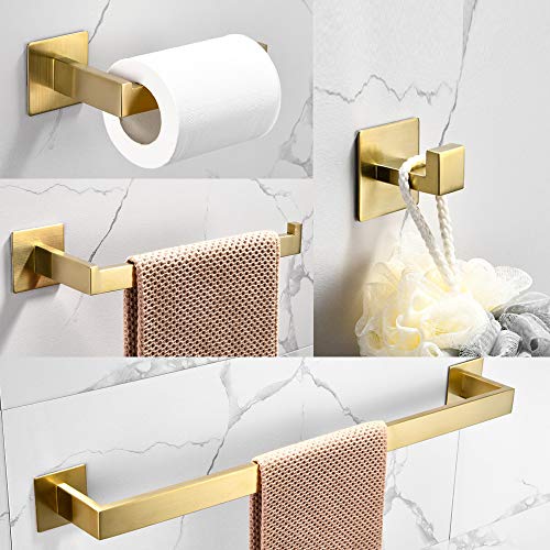 WOMAO - Juego de accesorios adhesivos para baño, 4 unidades, diseño cuadrado con acabado dorado cepillado