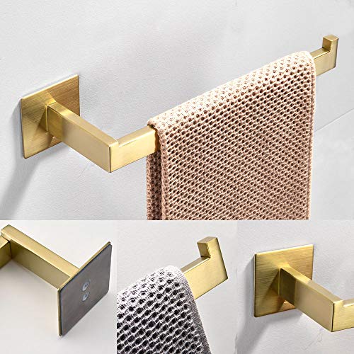 WOMAO - Juego de accesorios adhesivos para baño, 4 unidades, diseño cuadrado con acabado dorado cepillado