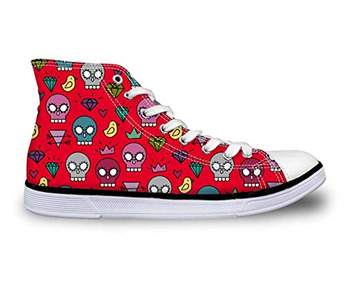 Women Lady Red Hi Top Canvas Shoes Cute Skull Lace Up Walking Trainers Pumps Blue CA4735AK UK 2/EU35